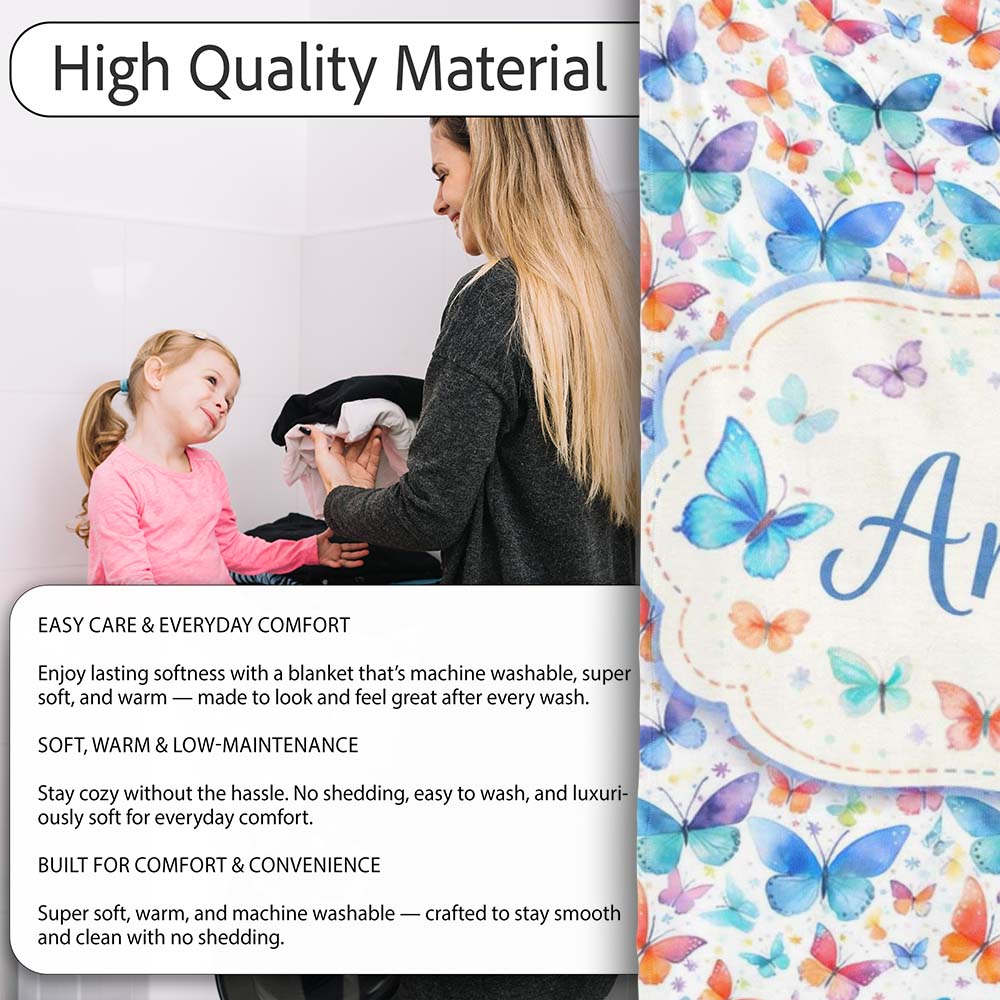 Bright Rainbow Butterflies with Colorful Floral Accents Seamless  Personalised Custom Name Super Soft Fleece Blanket Bed Sofa Throw