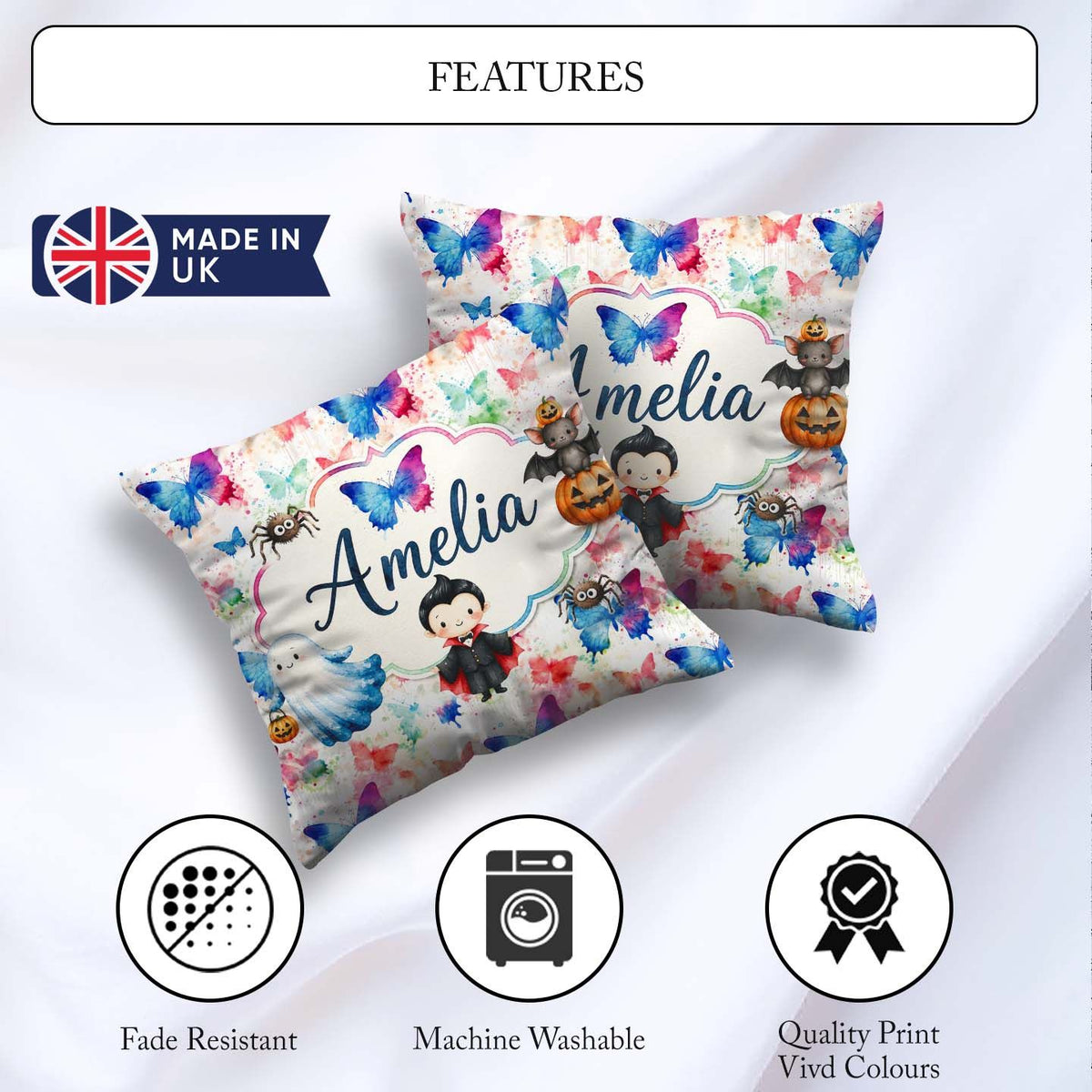 Custom Name Artistic Watercolor Butterflies with Splash Seamless Square Filled Cushion Throw Pillow Sofa Bed Home Decor Zip Washable UK Made