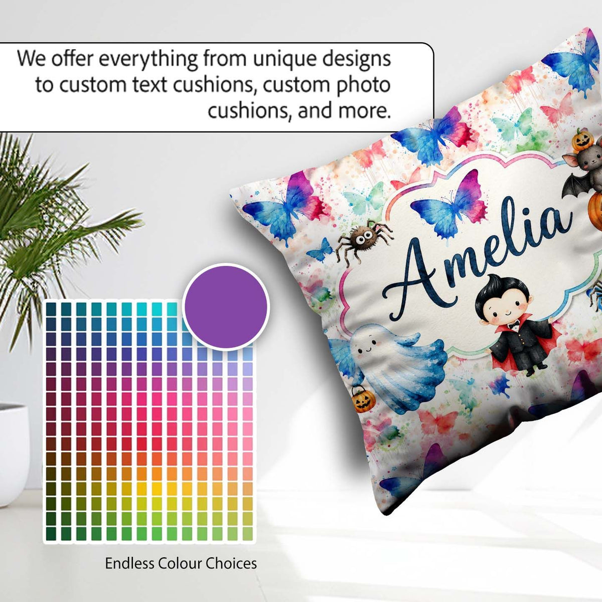 Custom Name Artistic Watercolor Butterflies with Splash Seamless Square Filled Cushion Throw Pillow Sofa Bed Home Decor Zip Washable UK Made