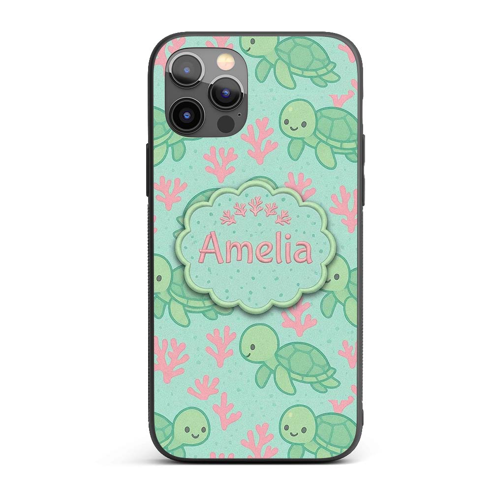 Cute Sea Turtle Coral Cartoon Animal Pattern Custom Name Protective Phone Case Mobile Cover Durable Everyday Smartphone Shock Resistant