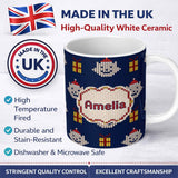 Personalized Custom Name Blue Knitted Christmas Ornament Gift Seamless Pattern Lovely 11oz Ceramic Coffee Tea Mug White Large Handle