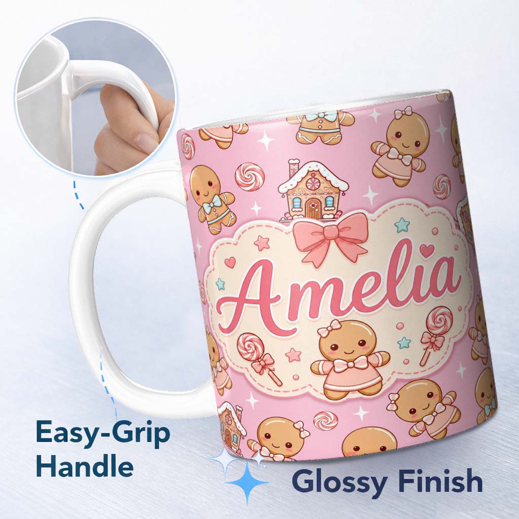 Personalized Custom Name Cute Christmas Gingerbread Characters Candy House Pattern Soft Pink 11oz Ceramic Coffee Tea Mug White Large Handle