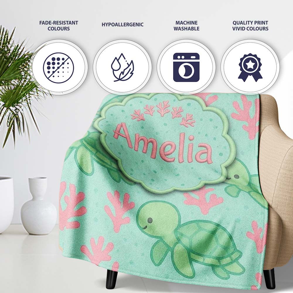 Cute Sea Turtle Coral Cartoon Animal Pattern Charming  Decor  Personalised Custom Name Super Soft Fleece Blanket Bed Sofa Throw