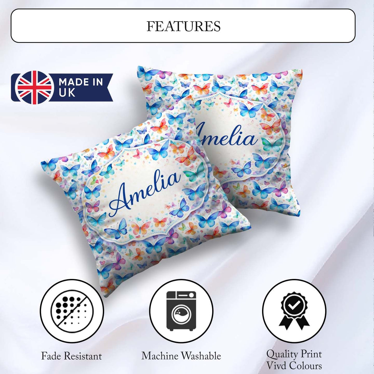 Custom Name Vibrant and Multicolor Butterflies on Light Seamless Square Filled Cushion Throw Pillow Sofa Bed Home Decor Zip Washable UK Made