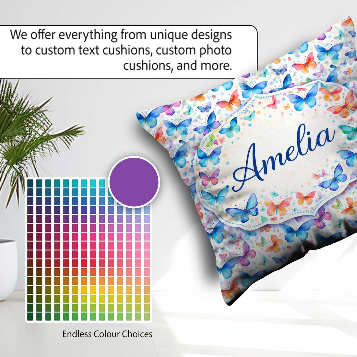 Custom Name Vibrant and Multicolor Butterflies on Light Seamless Square Filled Cushion Throw Pillow Sofa Bed Home Decor Zip Washable UK Made