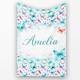 Cute Blue and Pink Butterflies with Heart Accents Seamless Pattern  Personalised Custom Name Super Soft Fleece Blanket Bed Sofa Throw