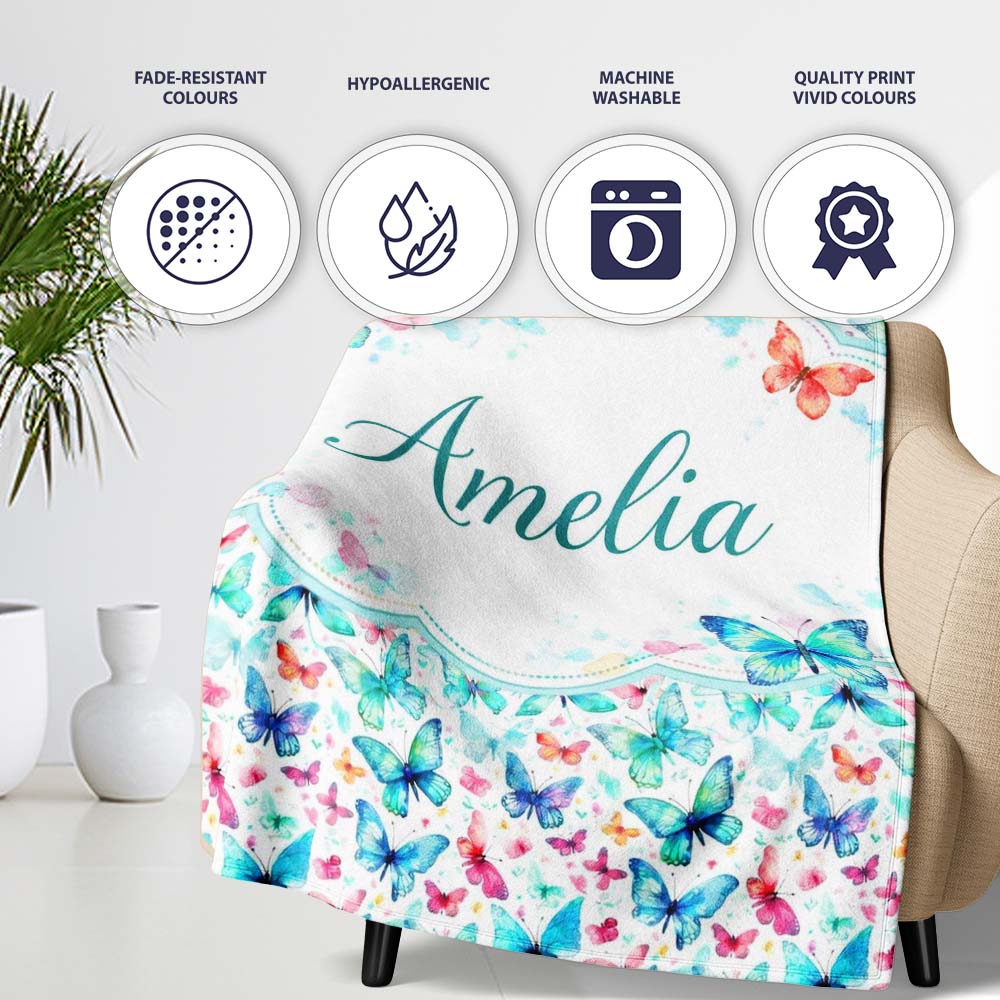 Cute Blue and Pink Butterflies with Heart Accents Seamless Pattern  Personalised Custom Name Super Soft Fleece Blanket Bed Sofa Throw