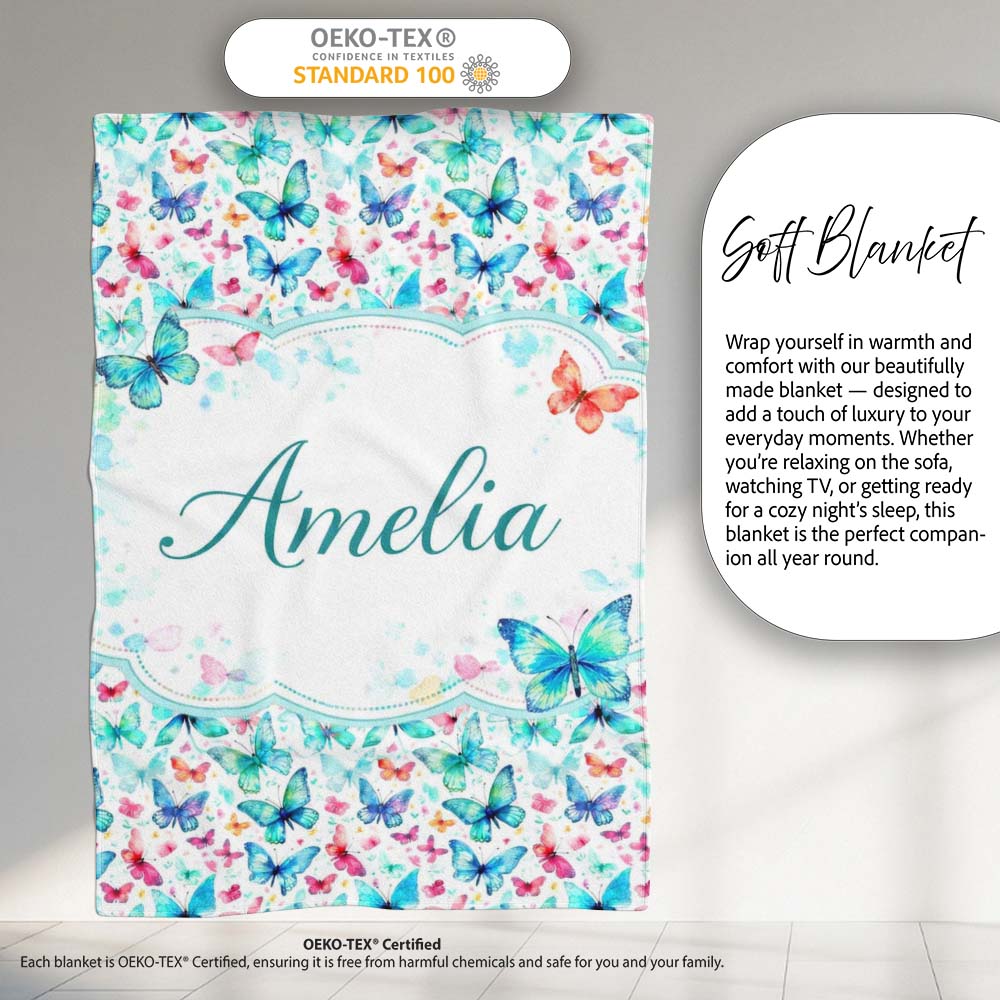 Cute Blue and Pink Butterflies with Heart Accents Seamless Pattern  Personalised Custom Name Super Soft Fleece Blanket Bed Sofa Throw