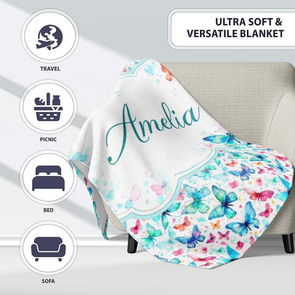 Cute Blue and Pink Butterflies with Heart Accents Seamless Pattern  Personalised Custom Name Super Soft Fleece Blanket Bed Sofa Throw