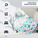 Cute Blue and Pink Butterflies with Heart Accents Seamless Pattern  Personalised Custom Name Super Soft Fleece Blanket Bed Sofa Throw