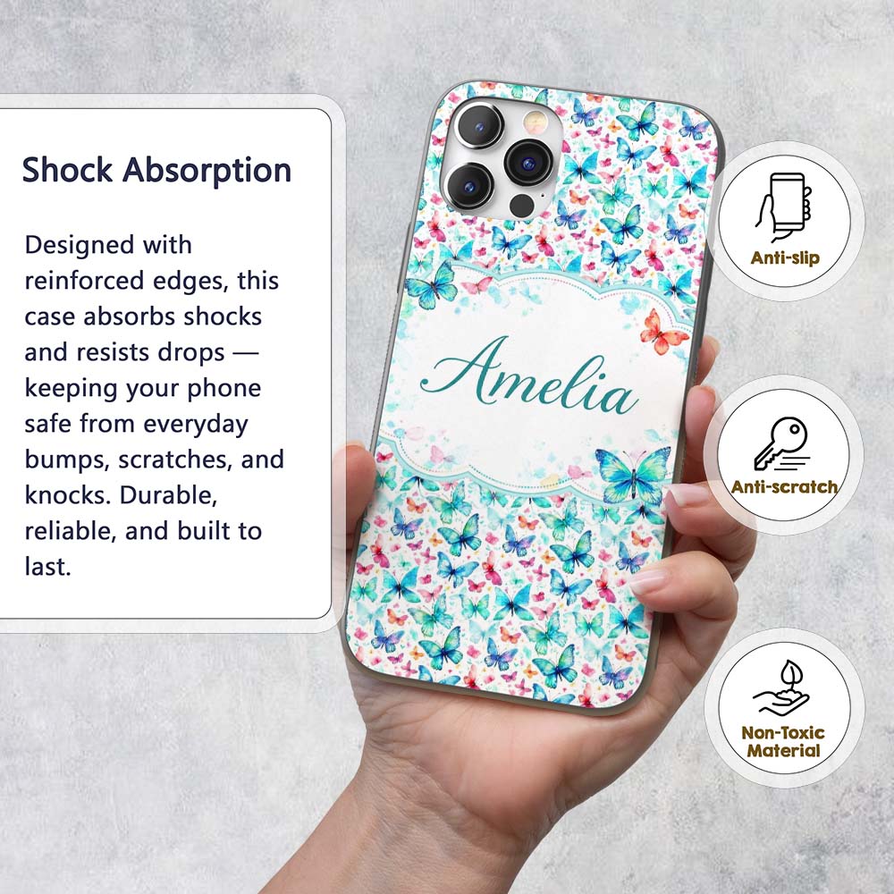Cute Blue and Pink Butterflies with Heart Accents Custom Name Protective Phone Case Mobile Cover Durable Everyday Smartphone Shock Resistant