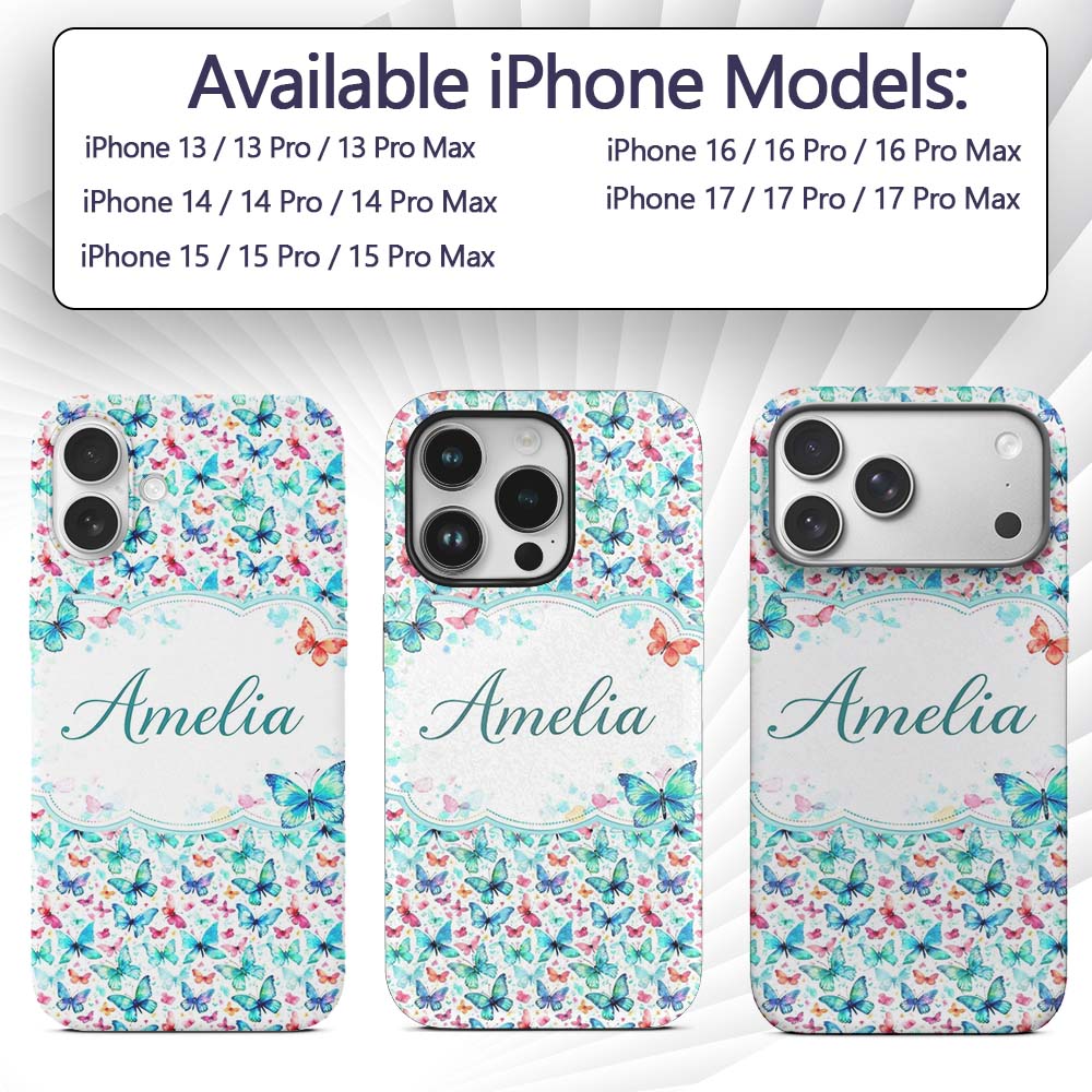 Cute Blue and Pink Butterflies with Heart Accents Custom Name Protective Phone Case Mobile Cover Durable Everyday Smartphone Shock Resistant