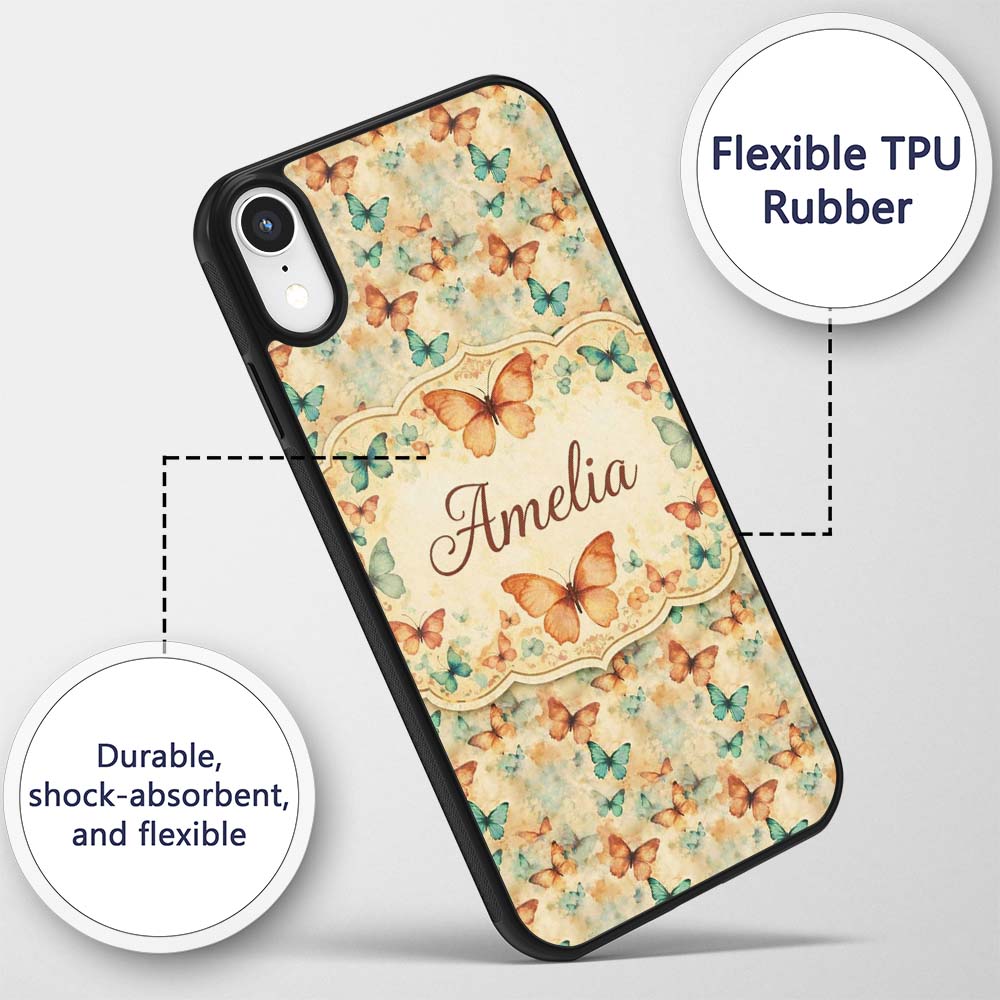 Warm Toned Butterflies with Artistic Vintage Wash Custom Name Protective Phone Case Mobile Cover Durable Everyday Smartphone Shock Resistant