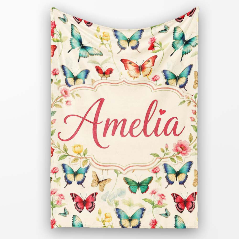 Elegant Vintage Butterflies with Floral Garden Elements Seamless  Personalised Custom Name Super Soft Fleece Blanket Bed Sofa Throw