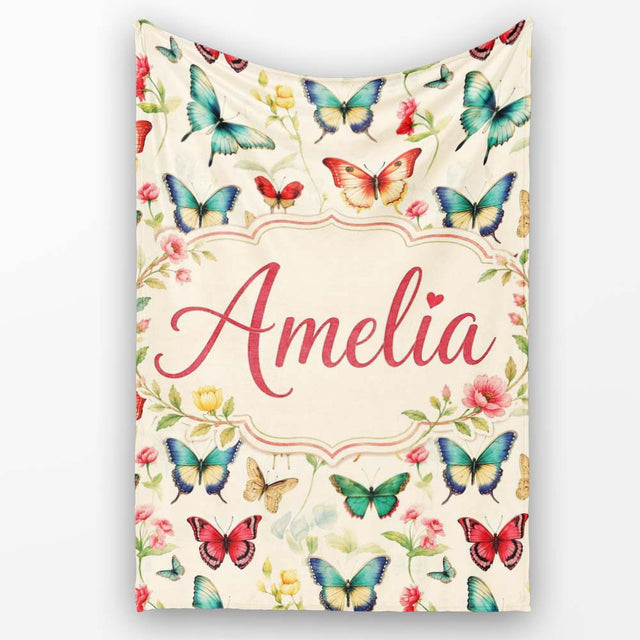 Elegant Vintage Butterflies with Floral Garden Elements Seamless  Personalised Custom Name Super Soft Fleece Blanket Bed Sofa Throw