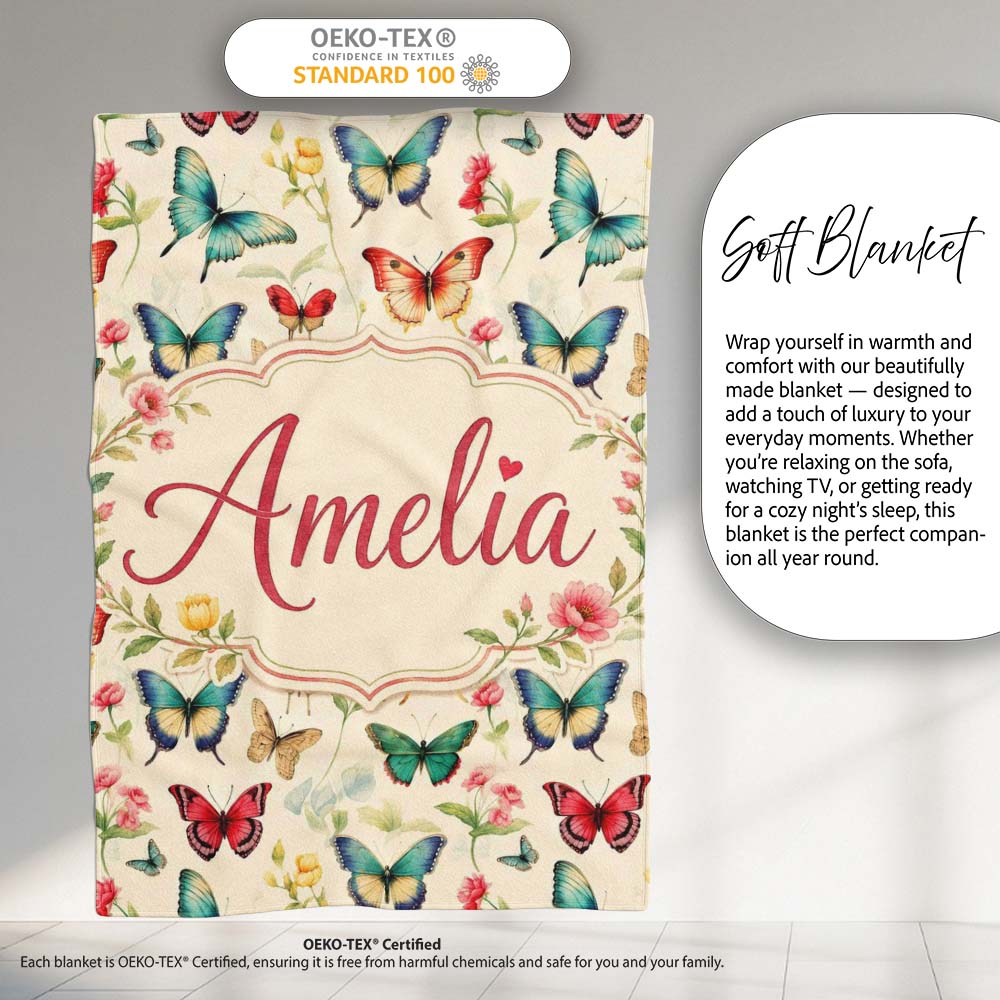 Elegant Vintage Butterflies with Floral Garden Elements Seamless  Personalised Custom Name Super Soft Fleece Blanket Bed Sofa Throw
