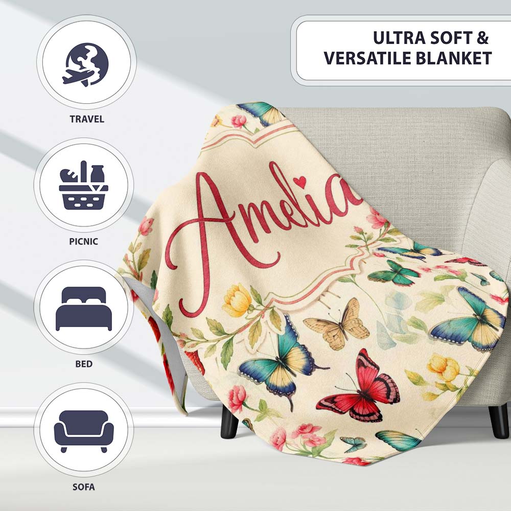 Elegant Vintage Butterflies with Floral Garden Elements Seamless  Personalised Custom Name Super Soft Fleece Blanket Bed Sofa Throw