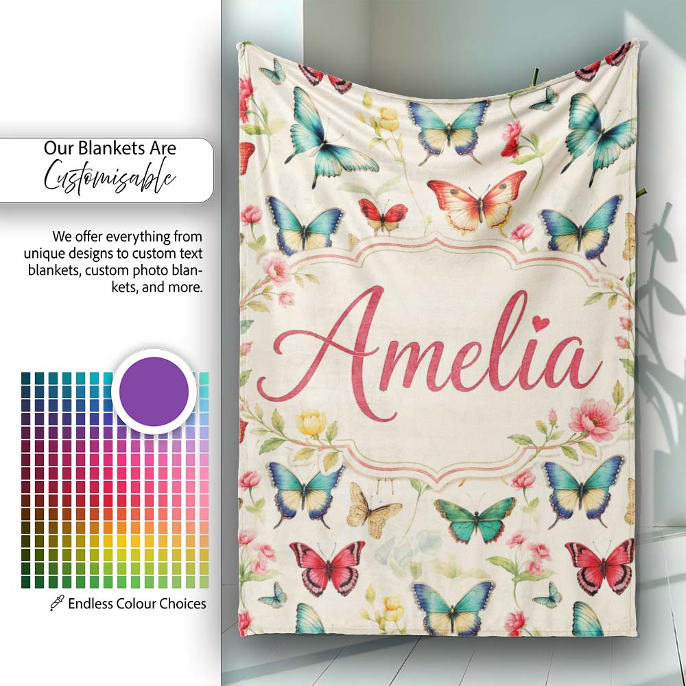 Elegant Vintage Butterflies with Floral Garden Elements Seamless  Personalised Custom Name Super Soft Fleece Blanket Bed Sofa Throw