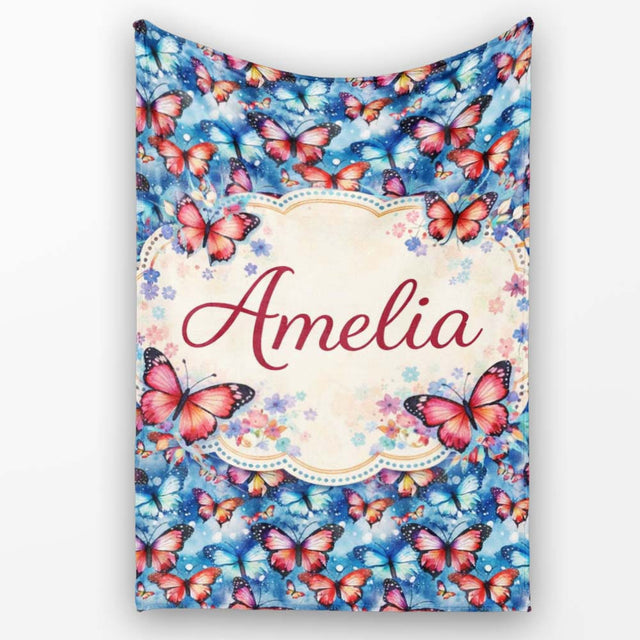 Vibrant Butterflies on Deep Blue Watercolor Background Seamless  Personalised Custom Name Super Soft Fleece Blanket Bed Sofa Throw