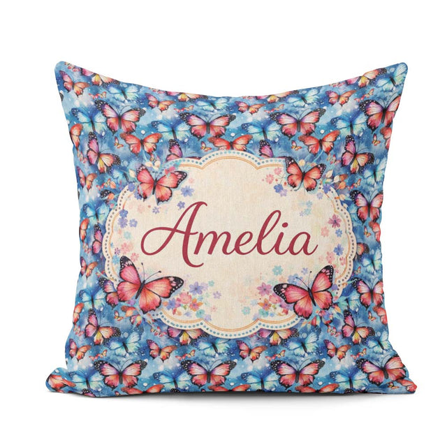 Custom Name Vibrant Butterflies on Deep Blue Watercolor Seamless Square Filled Cushion Throw Pillow Sofa Bed Home Decor Zip Washable UK Made
