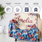 Vibrant Butterflies on Deep Blue Watercolor Background Seamless  Personalised Custom Name Super Soft Fleece Blanket Bed Sofa Throw