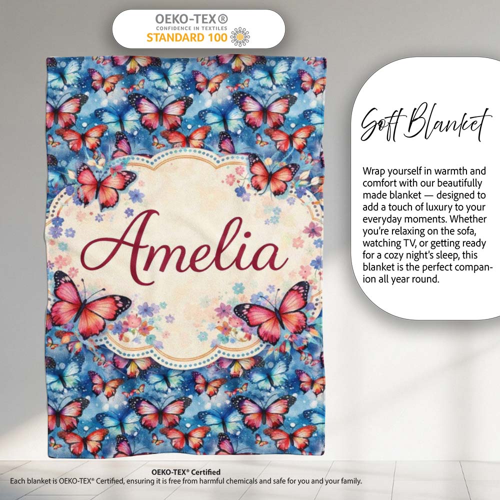 Vibrant Butterflies on Deep Blue Watercolor Background Seamless  Personalised Custom Name Super Soft Fleece Blanket Bed Sofa Throw