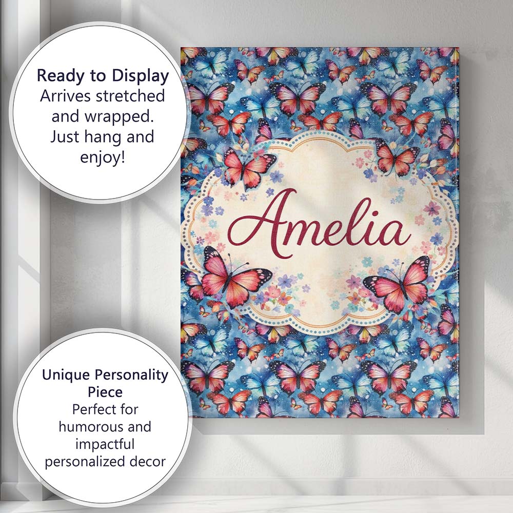Personalised Name Vibrant Butterflies on Custom  Unique Gift Idea Elegant Feature Canvas Wall Art Print Decor Picture Ready to Hang
