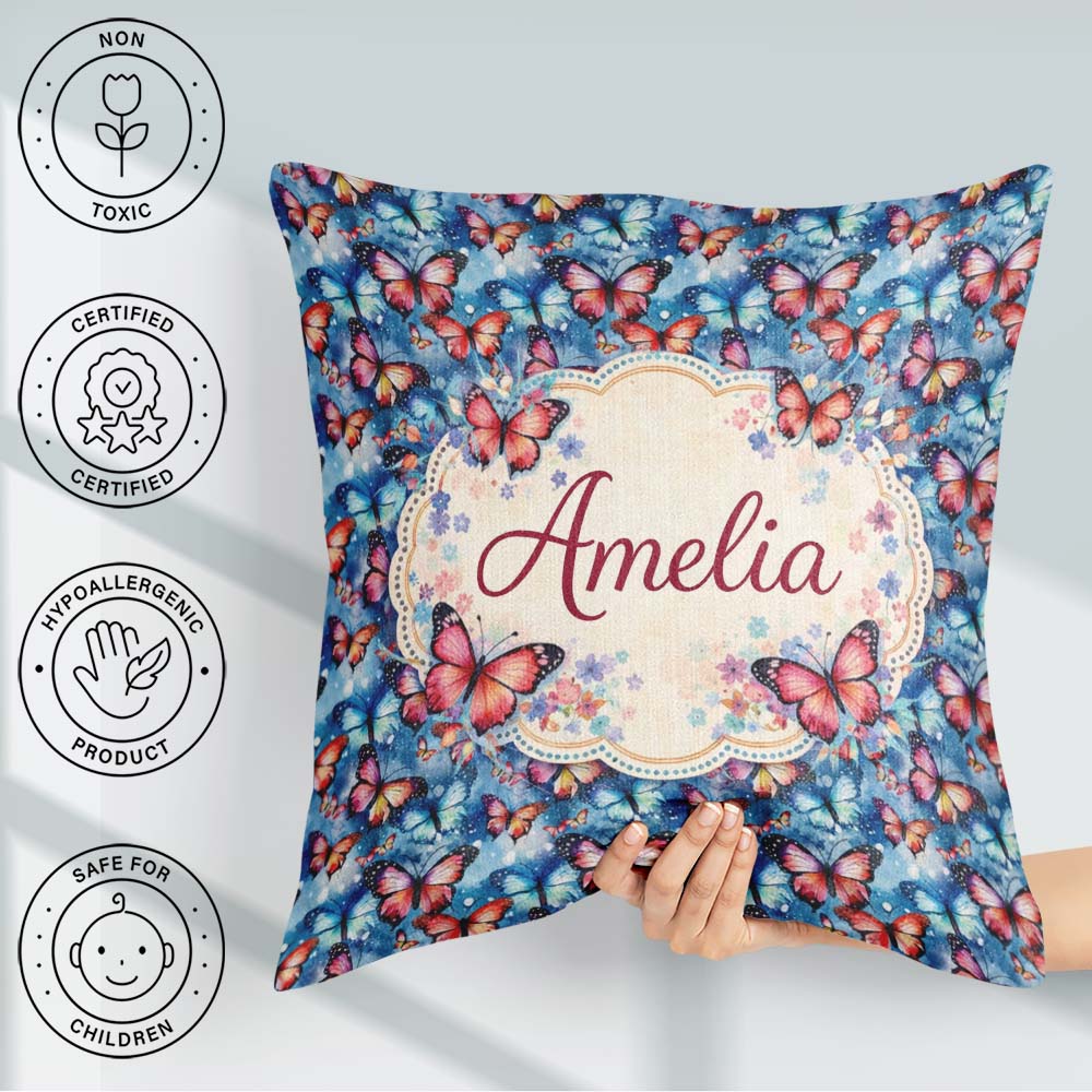 Custom Name Vibrant Butterflies on Deep Blue Watercolor Seamless Square Filled Cushion Throw Pillow Sofa Bed Home Decor Zip Washable UK Made