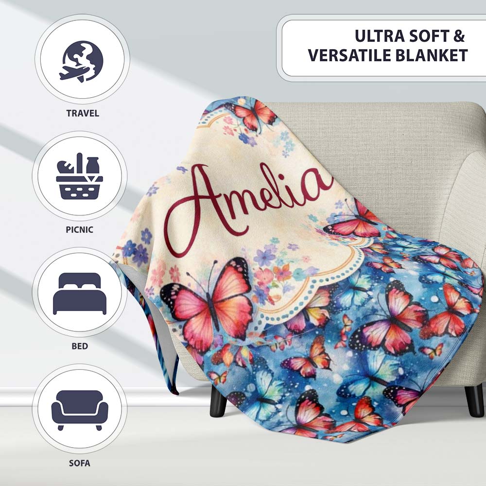 Vibrant Butterflies on Deep Blue Watercolor Background Seamless  Personalised Custom Name Super Soft Fleece Blanket Bed Sofa Throw