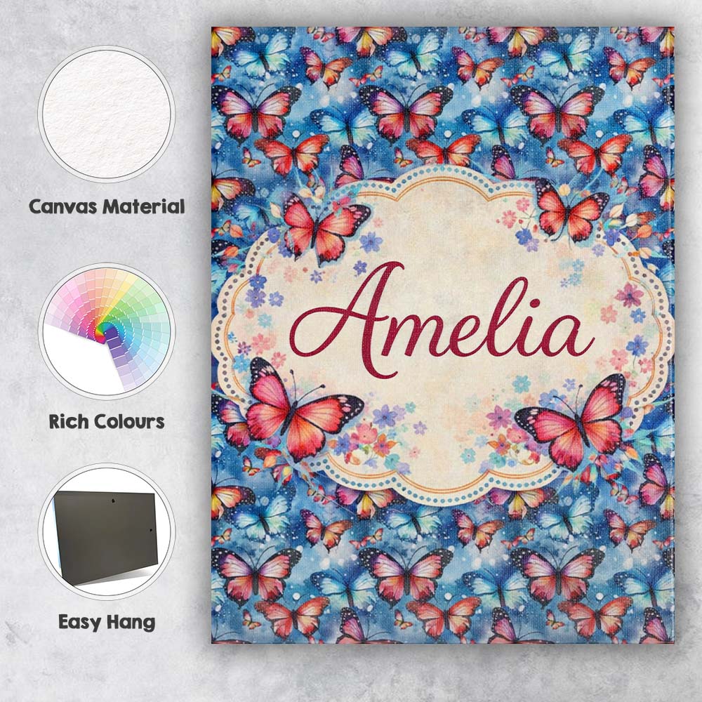 Personalised Name Vibrant Butterflies on Custom  Unique Gift Idea Elegant Feature Canvas Wall Art Print Decor Picture Ready to Hang