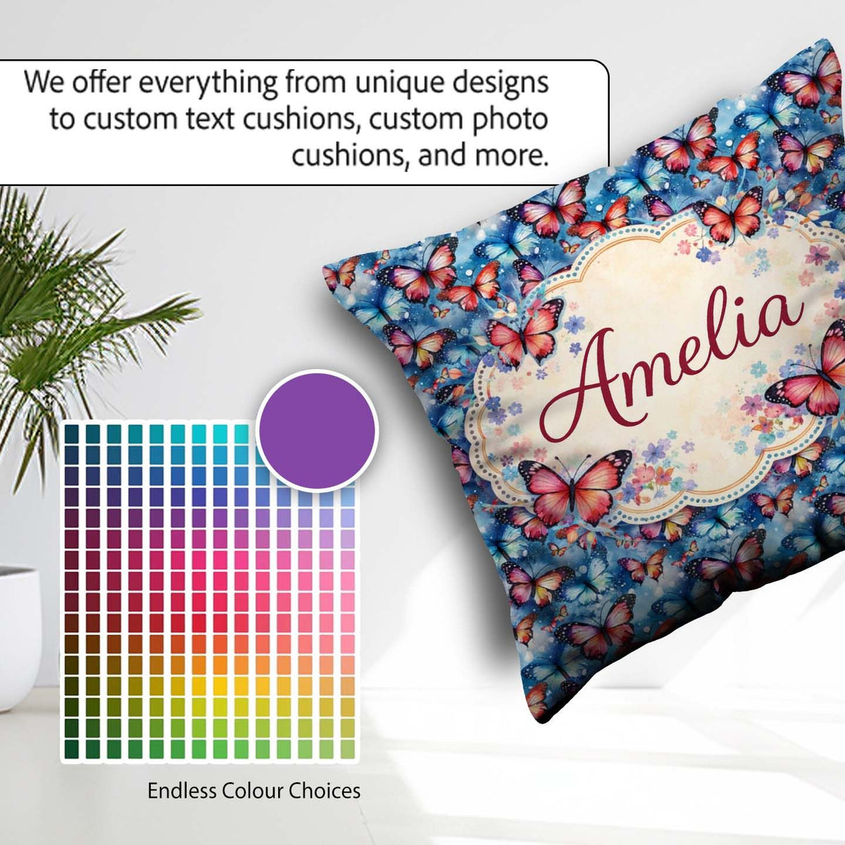 Custom Name Vibrant Butterflies on Deep Blue Watercolor Seamless Square Filled Cushion Throw Pillow Sofa Bed Home Decor Zip Washable UK Made