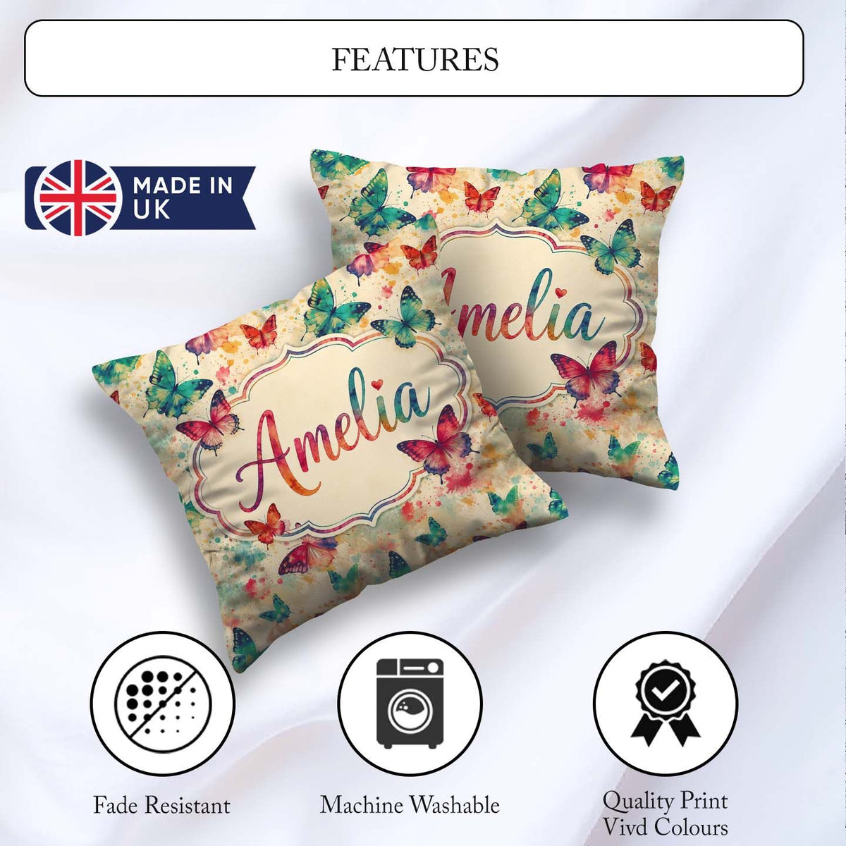 Custom Name Multicolor Butterflies with Paint Splash Background Square Filled Cushion Throw Pillow Sofa Bed Home Decor Zip Washable UK Made