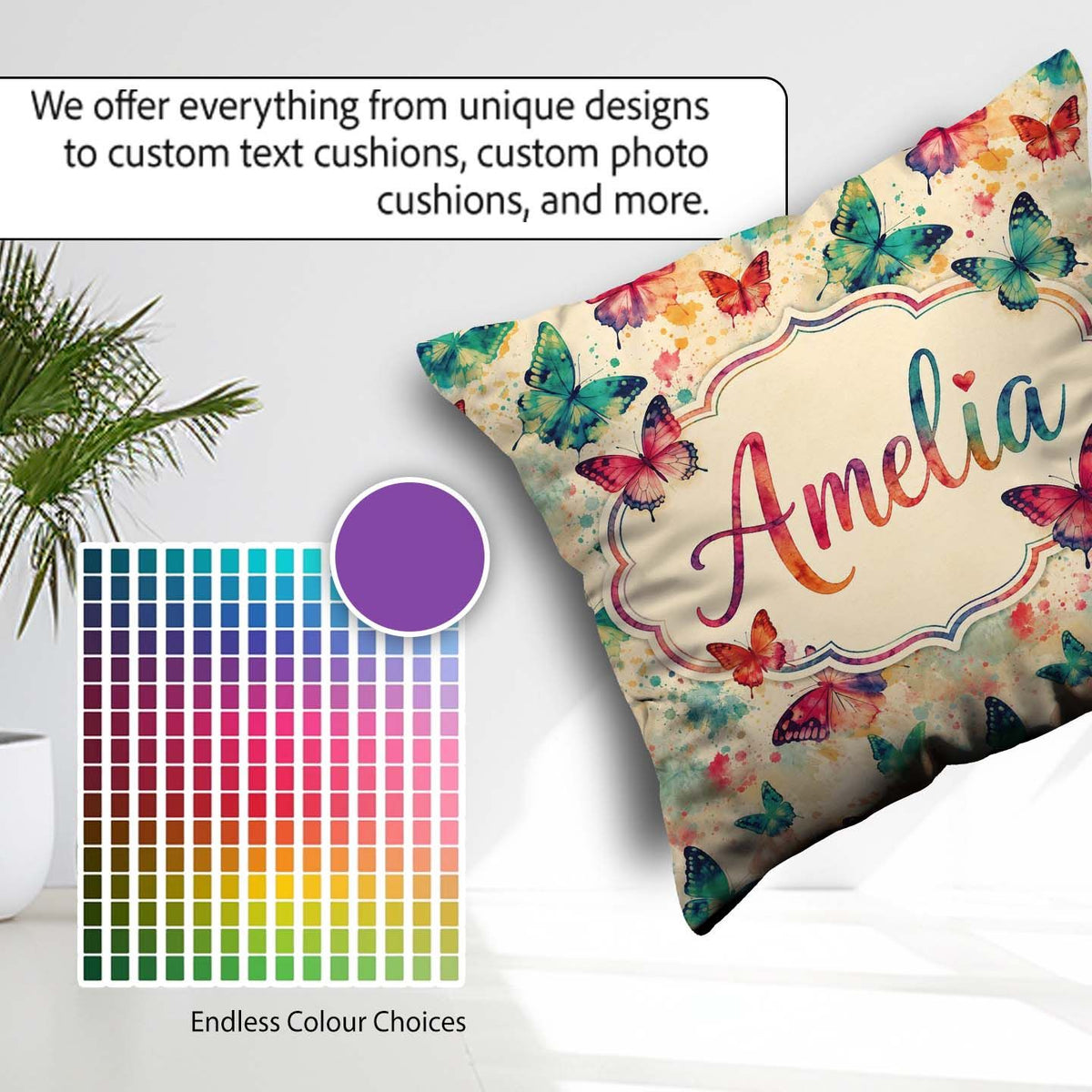Custom Name Multicolor Butterflies with Paint Splash Background Square Filled Cushion Throw Pillow Sofa Bed Home Decor Zip Washable UK Made