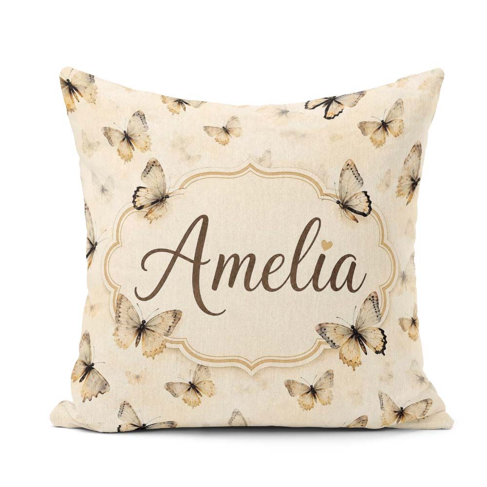 Custom Name Neutral Beige Butterflies with Subtle Faded Seamless Square Filled Cushion Throw Pillow Sofa Bed Home Decor Zip Washable UK Made