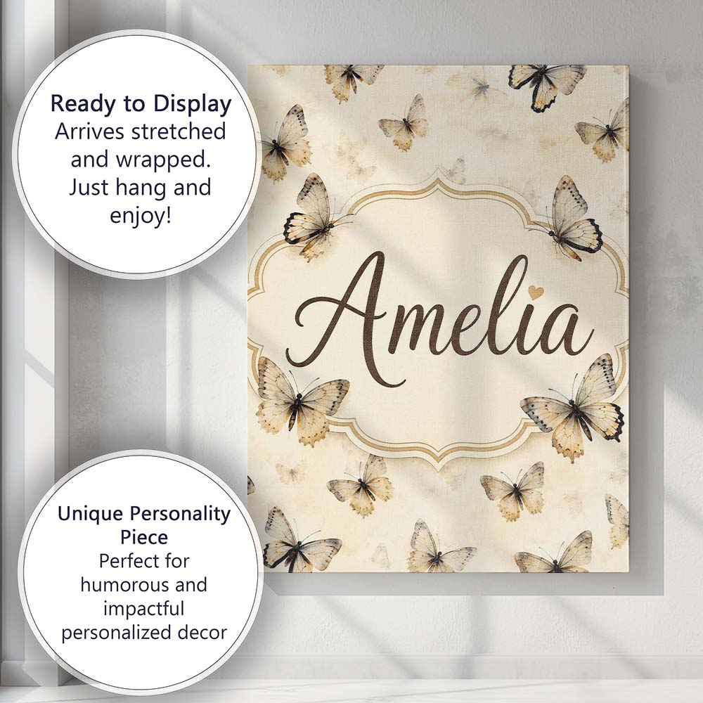 Personalised Name Neutral Beige Butterflies Custom  Bespoke Interior Contemporary Canvas Wall Art Print Decor Picture Ready to Hang