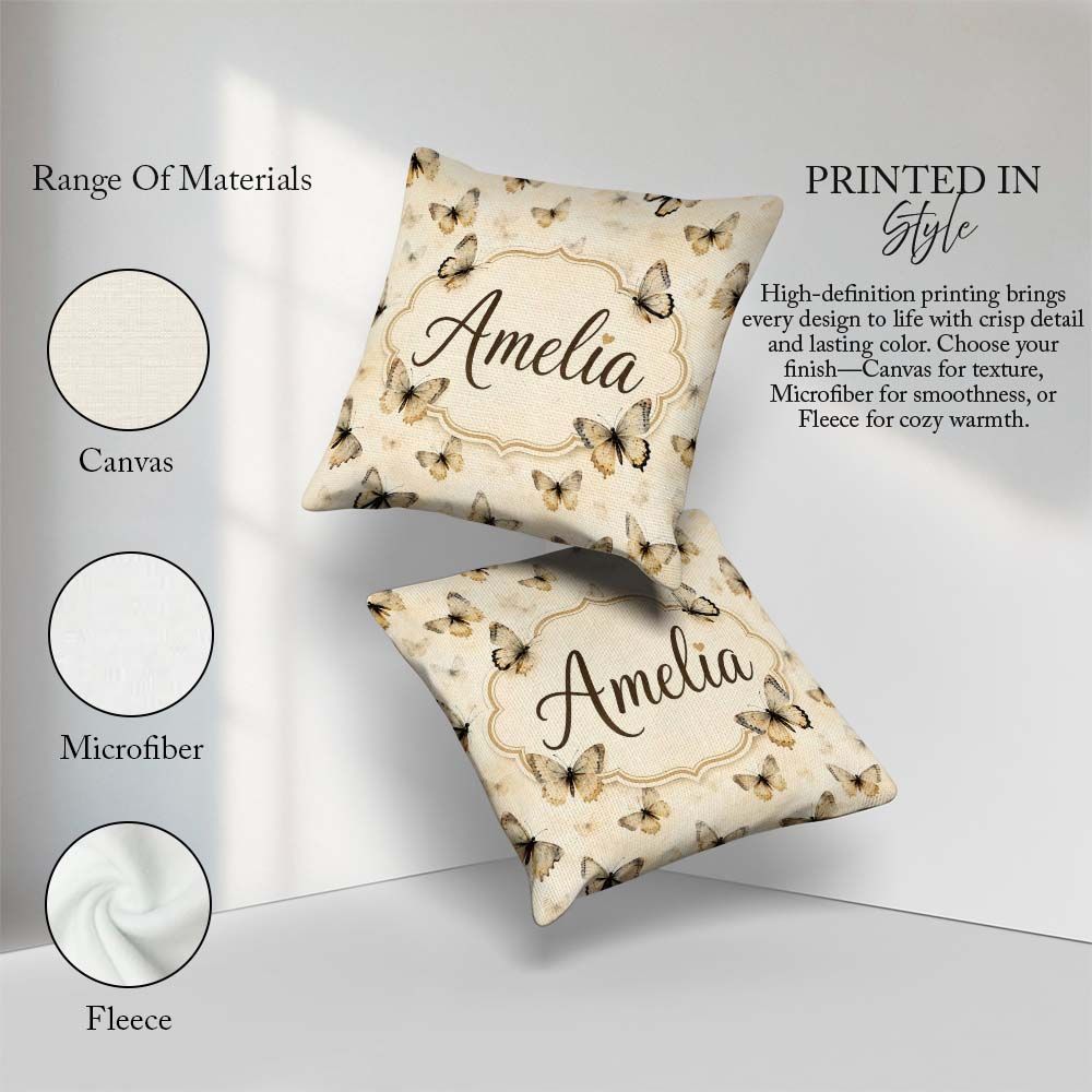 Custom Name Neutral Beige Butterflies with Subtle Faded Seamless Square Filled Cushion Throw Pillow Sofa Bed Home Decor Zip Washable UK Made