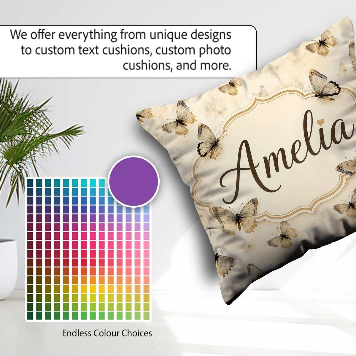Custom Name Neutral Beige Butterflies with Subtle Faded Seamless Square Filled Cushion Throw Pillow Sofa Bed Home Decor Zip Washable UK Made