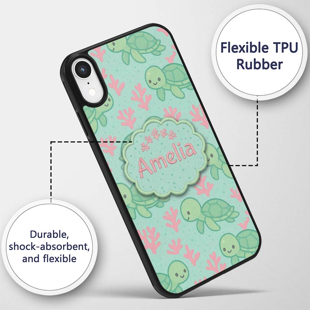 Cute Sea Turtle Coral Cartoon Animal Pattern Custom Name Protective Phone Case Mobile Cover Durable Everyday Smartphone Shock Resistant