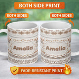 Personalized Custom Name Neutral Beige Knitted Nordic Winter Fair Isle Seamless Pattern 11oz Ceramic Coffee Tea Mug White Large Handle