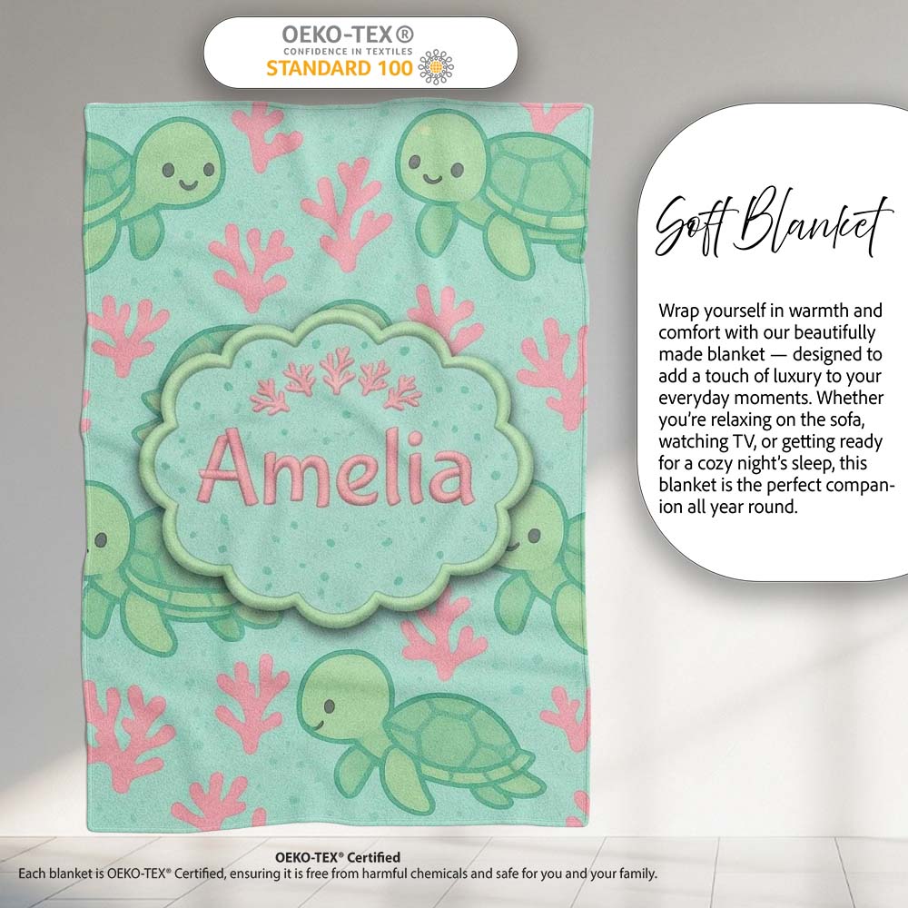 Cute Sea Turtle Coral Cartoon Animal Pattern Charming  Decor  Personalised Custom Name Super Soft Fleece Blanket Bed Sofa Throw