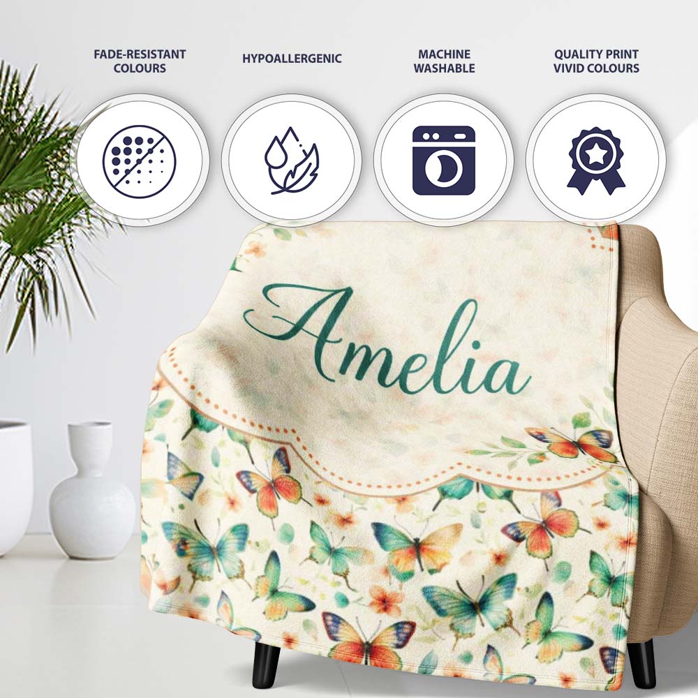 Delicate Vintage Butterflies with Soft Floral Touch Seamless Pattern  Personalised Custom Name Super Soft Fleece Blanket Bed Sofa Throw