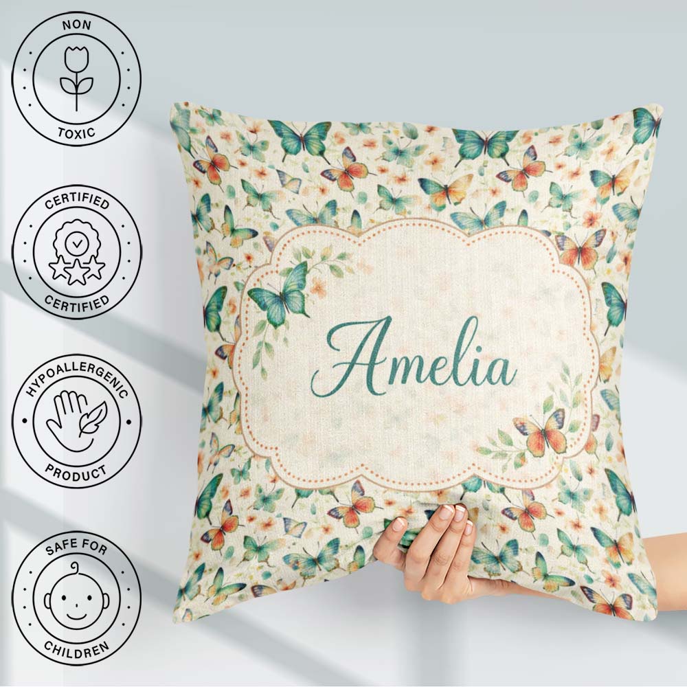 Custom Name Delicate Butterflies with Soft Floral Touch Seamless Square Filled Cushion Throw Pillow Sofa Bed Home Decor Zip Washable UK Made