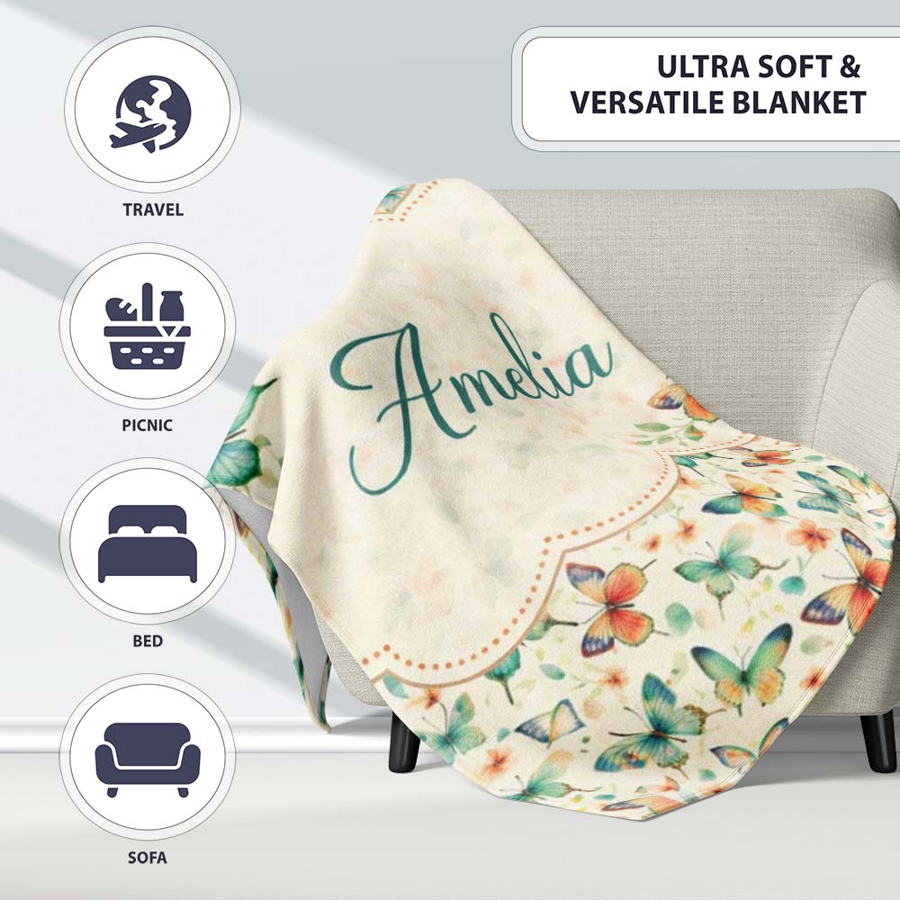 Delicate Vintage Butterflies with Soft Floral Touch Seamless Pattern  Personalised Custom Name Super Soft Fleece Blanket Bed Sofa Throw