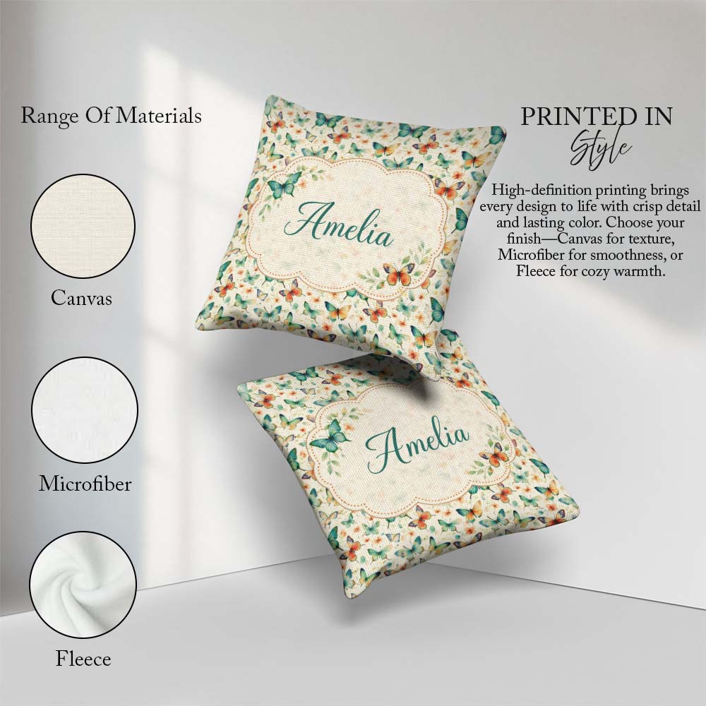 Custom Name Delicate Butterflies with Soft Floral Touch Seamless Square Filled Cushion Throw Pillow Sofa Bed Home Decor Zip Washable UK Made