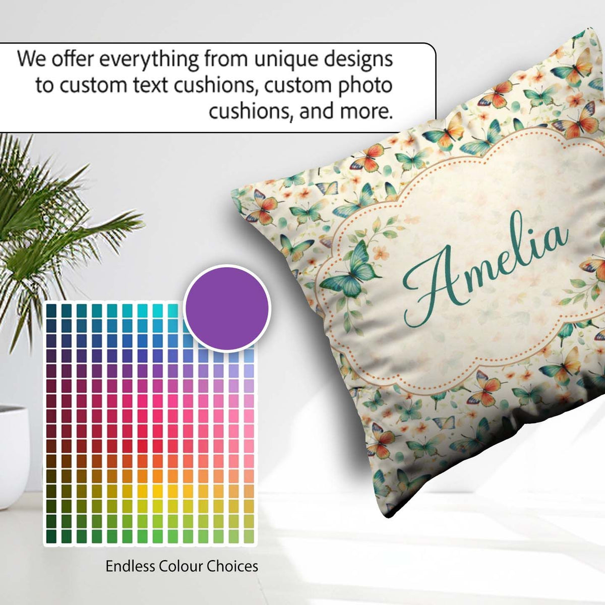 Custom Name Delicate Butterflies with Soft Floral Touch Seamless Square Filled Cushion Throw Pillow Sofa Bed Home Decor Zip Washable UK Made