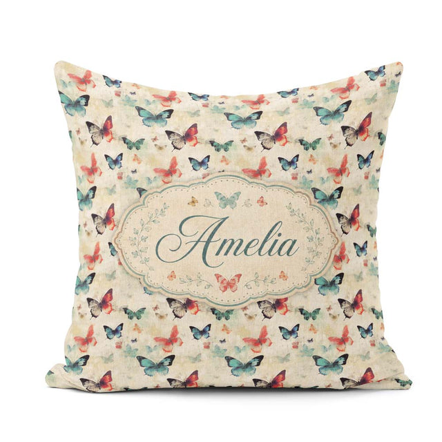 Custom Name Muted Tone Butterflies with Artistic Grunge Seamless Square Filled Cushion Throw Pillow Sofa Bed Home Decor Zip Washable UK Made