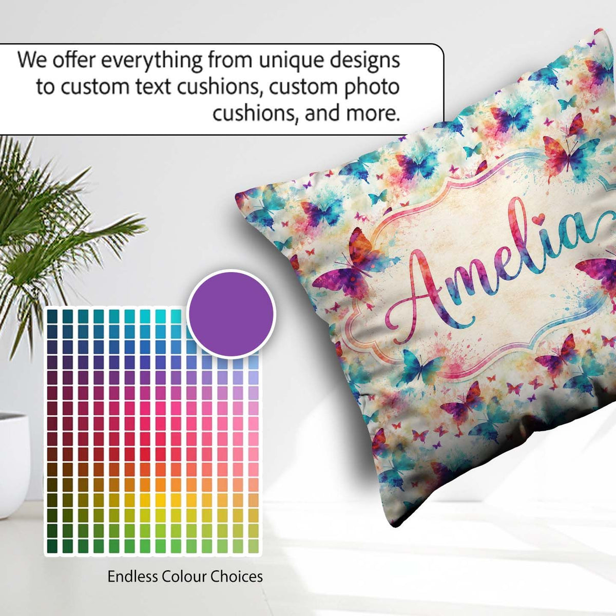 Custom Name Bright Butterflies with Color Splash Effect Seamless Square Filled Cushion Throw Pillow Sofa Bed Home Decor Zip Washable UK Made