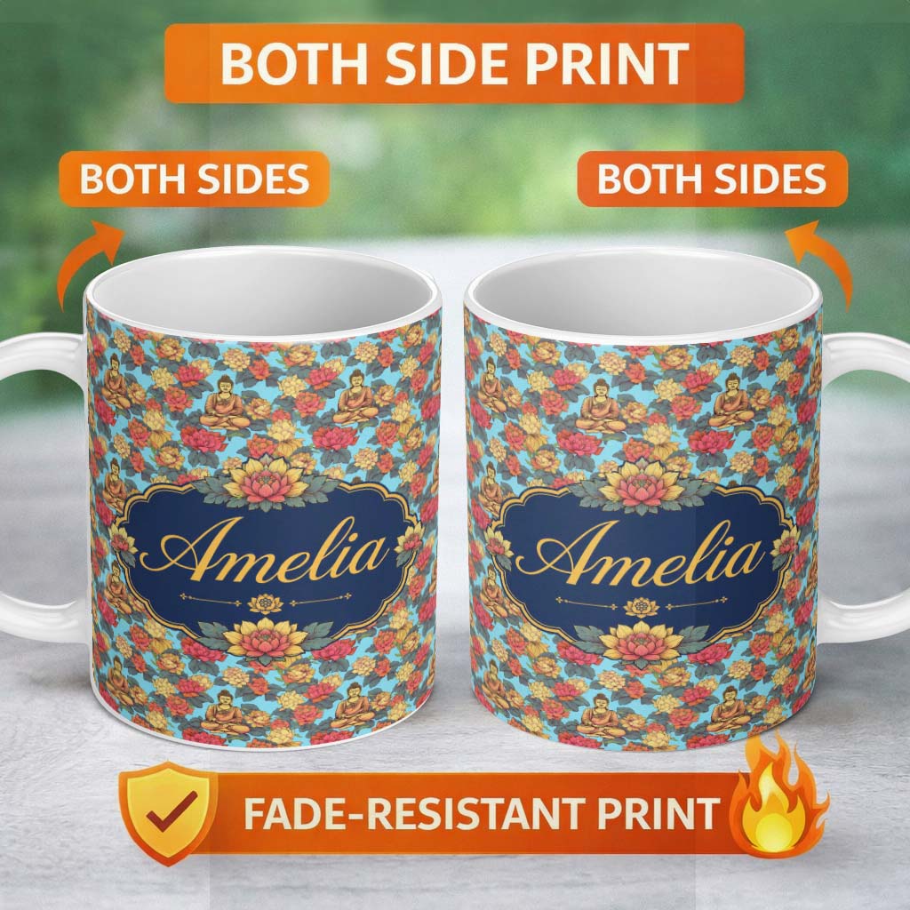 Personalized Custom Name Buddha with Vibrant Floral Garden Blue Background Seamless Pattern 11oz Ceramic Coffee Tea Mug White Large Handle
