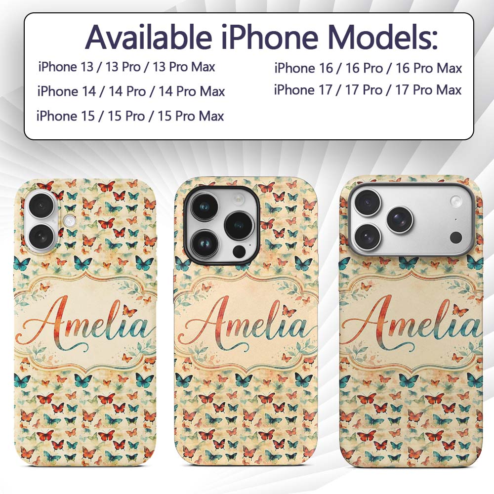 Vintage Style Butterflies in Warm Tones Seamless Custom Name Protective Phone Case Mobile Cover Durable Everyday Smartphone Shock Resistant