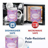 Personalized Custom Name Pink Dolphin Stingray Starfish Ocean Creatures Purple Polka Dot 11oz Ceramic Coffee Tea Mug White Large Handle